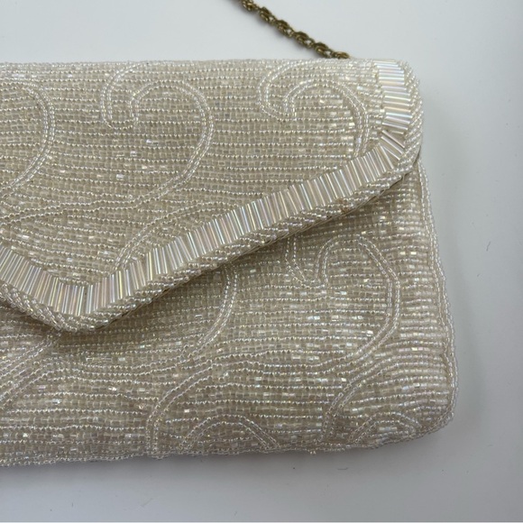 Vintage La regale Ivory White Cream Beaded satin purse clutch bag - Picture 4 of 16